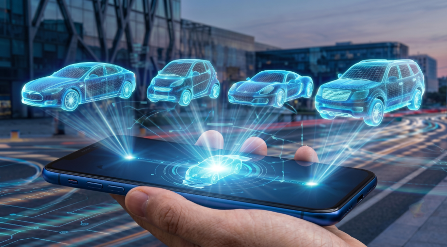 Concepto de movilidad urbana inteligente con hologramas de vehículos proyectados desde un teléfono móvil, representando la evolución de apps de transporte y aparcamiento.